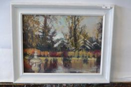 Pauline Plummer, an impressionist study of a view over water, oil on board, signed, 39 x 29cm,