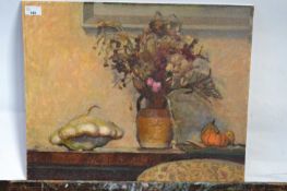 Pauline Plummer, still life study of an interior scene with flowers on a ledge, indistinctly