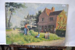 Attributed to Pauline Plummer, a Norfolk village scene, acrylic and oil on board, unframed, 76 x