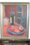 Pauline Plummer, still life study of fruit and bottled wine, oil on canvas, signed and dated 2000,