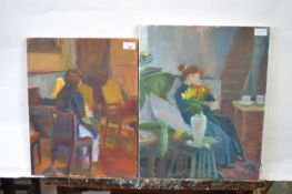 Attributed to Pauline Plummer, a pair of oils on canvas depicting an interior scene with a seated