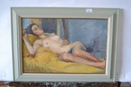 Pauline Plummer, A reclining female nude study, oil on board, signed and dated 1999, approx 54 x