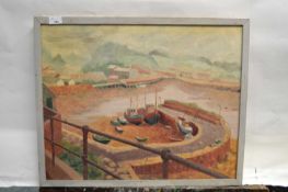 Attributed to Pauline Plummer, a view over a harbour and port with an additional portrait of a