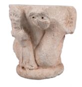 Imposing Romanesque corner capital sculpted in limestone. 12th century.