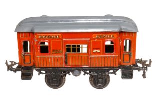 Bing Gepäckwagen, Spur 1, uralt, CL, mit 4 AT und 2 ST, Dach rest., LS und Alterungsspuren, 1 Puffer