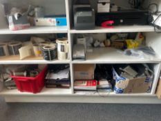 Contents of shelving unit to include Till, receipt printer, Various labels and office Sundrys