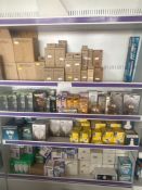 4 Shelves of lighting products to include bulbs and light fittings