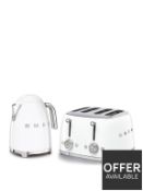 RRP £319 - Smeg 50's Style Kettle KLF03WHUK and 4-Slice Toaster - White