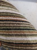 Grade B, 6.2m length, 4m width, 100% Wool, Loop, Heavy domestic. Stripes, Green, brown & white