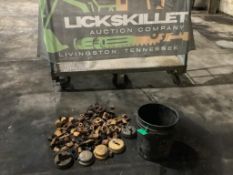 Bucket of Misc. CAT Parts, Lug Studs, Fuel Lids