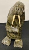 Inuit Dark Green Soapstone Carving of Walrus