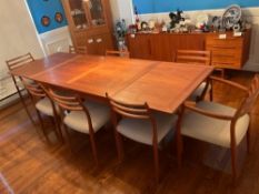 Danish Mid Century Modern Dining Table with 8 Chairs by Skovby