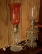 Pair of Converted Oil Lamps with Etched Glass Shades