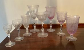 Large Set of Etched Glassware