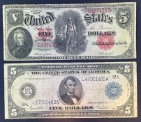 1907 $5 Red Note and 1914 $5 Silver Certificate
