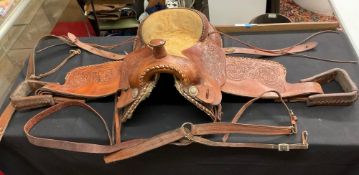 Western Style Hand Tooled Leather Saddle with Breast Strap
