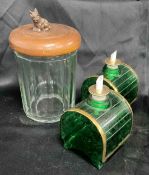 Tobacco Jar with 2 Green Glass Perfume Bottles