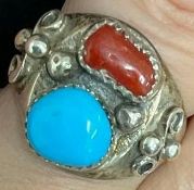 Sterling Silver Turquoise and Coral Ring
