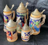 5 Vintage Lidded Beer Steins