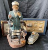 Captain Statue, Ceramic Ship Decanter and 2 Nautical Knots Shadowboxes