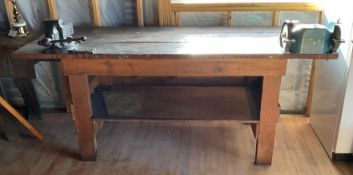 Handmade Wooden Workbench with Grinder and Vice