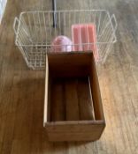 Wooden Apple Crate with Metal Basket, Utensil Holder, and Dyer Ball