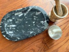 Carved Stone Platter with Marble Mortar and Pestle