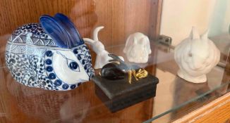 Rabbit Trinket Box, Blue and White Jar, with 3 Rabbit Figurines