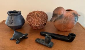 Native American Style Pottery Pieces with 2 Stone Pipes