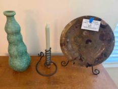 Carved Stone Platter on Stand with Signed Handmade Vase