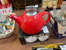 RED TEA POT W/ 2PC PORCELAIN SUGAR & CREAMER SET