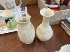 2X ASSORTED BELLEEK BROWN STAMP VASES