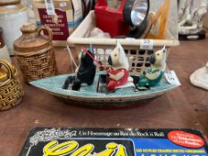 3X CATS FISHING IN BOAT WOODEN ORNAMENT