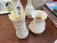 2X ASSORTED BELLEEK GREEN STAMP VASES