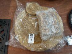 SET OF 6X GOLD BEADED PLACEMATS, COASTERS & NAPKIN RINGS (NEW)