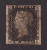 Stamps, GB QV 1d black, MK, 4 margins cancelled with an indistinct black MC, slight thin. (1)