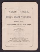 Royal Ascot, 1914, a small format racecard from the Third Day, Thursday, 18th June featuring the