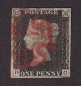 Stamps, GB QV 1d black, DC, 4 margins cancelled with a red MX (1)