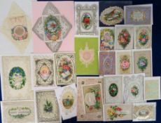 Greetings Cards, 40 Victorian cards to include lace, hand coloured, silk, decoupage etc. (gen gd,