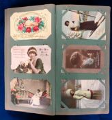 Postcards, Greetings, Romance, 700+ cards, approx. 420 in 2 vintage albums, the rest loose and