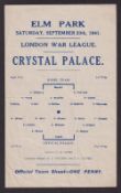 Football programme, Reading v Crystal Palace, 20th Sept, 1941, London War League, single sheet (