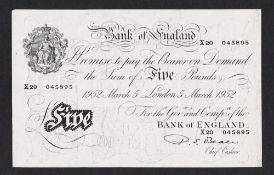 Bank Note, White P Beale Five Pound note dated 5th March 1952 no. X20 045895 (slight age toning