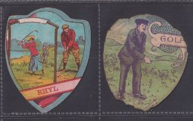 Trade card, Golf, J Baines Shaped Shields (2), Rhyl Golfing Scene (creased) & Un named location '