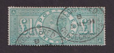 Stamps, GB QV £1 green used with 2 registered cancels. SG212. (1)
