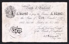Bank Note, White K Peppiatt Ten Pound note dated Nov 16th 1937 no. K over 196 35297 (some slight age