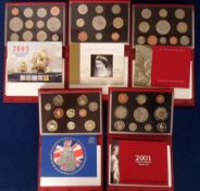 Coins, 5 Royal Mint Proof Coin Collections in red luxury leather presentation boxes for the years