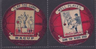 Trade cards, Baines, Football, two circular ball shaped cards, 'Play the Game Bacup' & 'Well