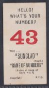 Cigarette card, The South Wales Tobacco Co, The Sunclad Game of Numbers, type card, no 43 (gd)