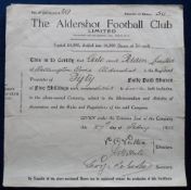 Ephemera, Football, a scarce share certificate for Aldershot Football Club, issued to Gale &