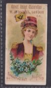 Cigarette card, W R Daniel, National Flags & Flower Girls, type card 'Forget Me Not / Austria' (